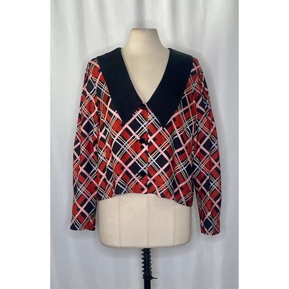 NWT!! RIXO Rylee Collar Satin Top Blouse Plaid Buttons Retro Academia Size 12 - Picture 3 of 15